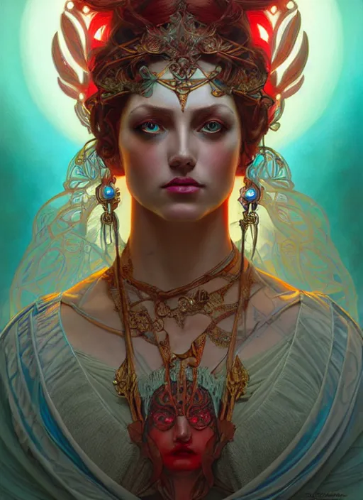 Image similar to the goddess hera looking angry wearing a paper tunic, glowing eyes, volumetric lights, red and cyan theme, art nouveau botanicals, intricate, highly detailed, digital painting, artstation, concept art, smooth, sharp focus, symmetric face, illustration, art by artgerm and greg rutkowski and alphonse mucha