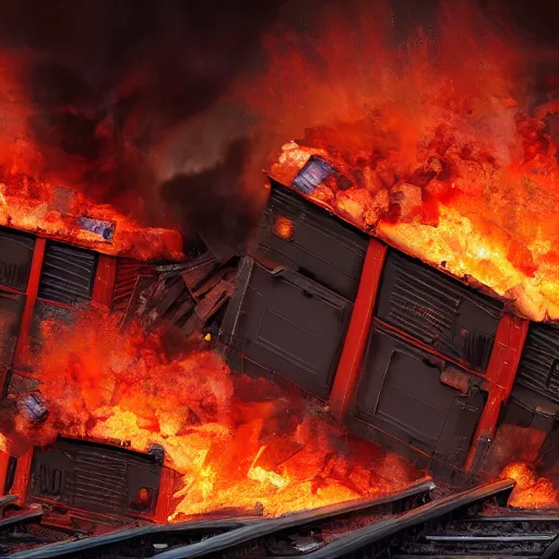 Prompt: a stack of dumpsters in flames located at the middle of a train wreck trending on artstation 4 k detailed sharp high detail