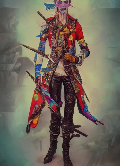 Prompt: detailed full body concept art illustration colorful pastel painting of a david bowie pirate in full intricate clothing, ultra detailed, digital art, octane render, 4K, dystopian, micro details