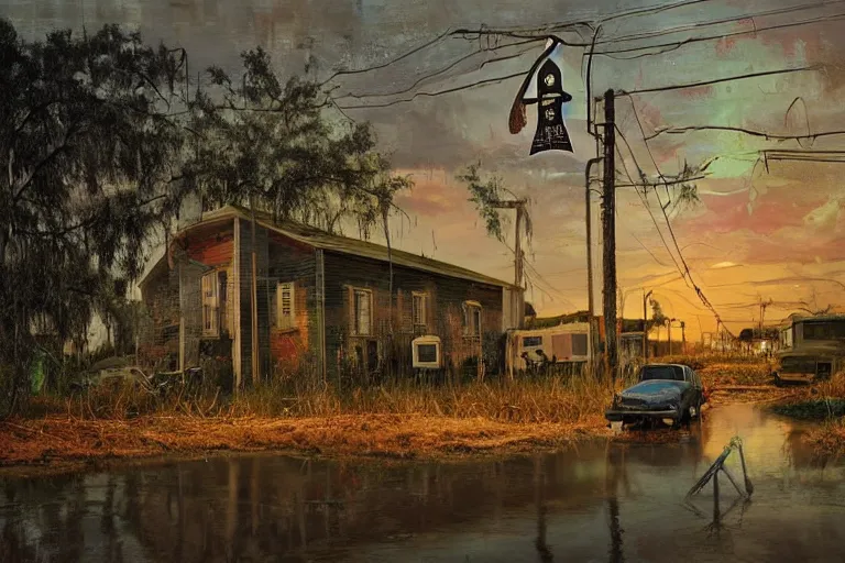 Image similar to scene from louisiana swamps, old protestant church with neon cross, junkyard by the road, boy scout troop, voodoo artwork by tim eitel