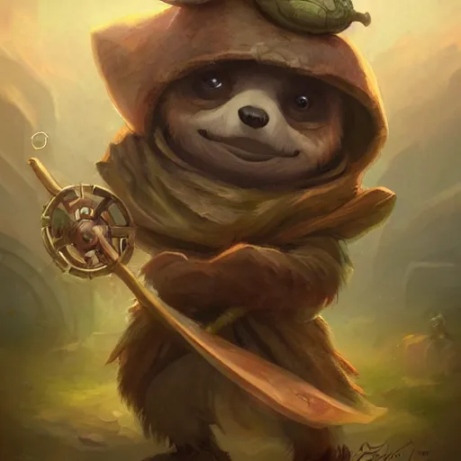 Prompt: cute little anthropomorphic sloth mage, wielding a magic staff, tiny, small, short, wizard robe, cute and adorable, pretty, beautiful, dnd character art portrait, matte fantasy painting, deviantart artstation, by jason felix by steve argyle by tyler jacobson by peter mohrbacher, cinema