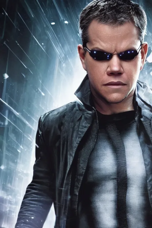 Image similar to A still of Matt Damon as Neo in The Matrix, close-up, sigma male, rule of thirds, award winning photo, unreal engine, studio lighting, highly detailed features, interstellar space setting