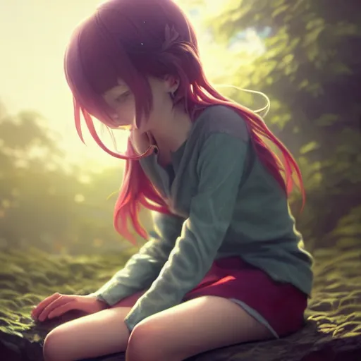 Prompt: very very small little girl by wlop, sitting on a gigantic green leaf by ilya kuvshinov, rtx rendering, octane render 1 2 8 k, maya, extreme high intricate details by tom bagshaw, digital anime art by ross tran, medium shot, close up shot, composition by sana takeda, lighting by greg rutkowski