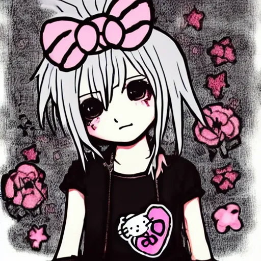 Prompt: punk little girl, profile picture, grunge fashion, reflection, cute artwork, inspired by made in abyss, hello kitty art style gothic style