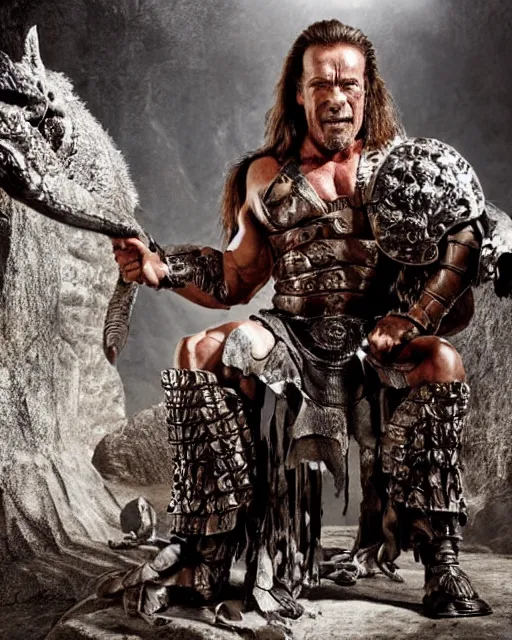 Prompt: arnold schwarzenegger as king conan, directed by john millius, photorealistic, sitting on a metal throne, wearing ancient cimmerian armor, a battle axe to his side, he has a beard and graying hair, on the floor in front of him is an armored komodo dragon, cinematic photoshoot in the style of annie leibovitz, studio lighting
