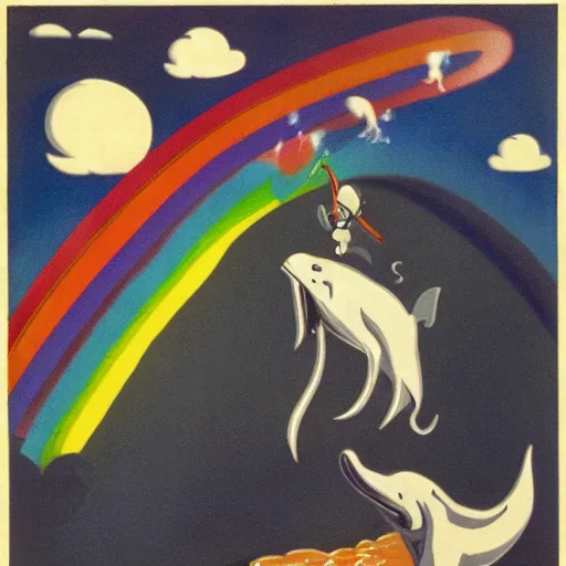 Image similar to the grim reaper riding a dolphin that is jumping over a rainbow, by tex avery,