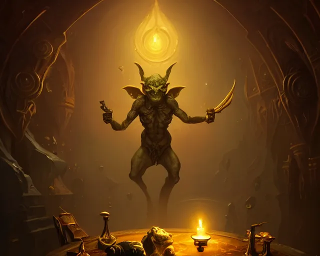 Image similar to a 4 k cinematic screenshot still portrait of a goblin in a dark liminal space room surrounded by gold, deep focus, d & d, fantasy, intricate, elegant, highly detailed, digital painting, art station, concept art, matte, sharp focus, illustration, dark fantasy style art, hearthstone, art by artgerm and greg rutkowski and alphonse mucha