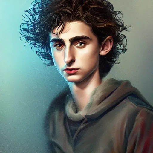 Image similar to fantasy magic Timothee Chalamet portrait, sci-fi, glossy eyes, face, long hair, fantasy, intricate, elegant, highly detailed, digital painting, artstation, concept art, smooth, sharp focus, illustration