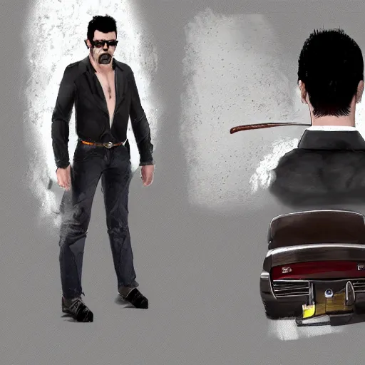 Image similar to a midage italian male, beardless, short black hair with gel, overweight, fine white shirt, leather belt, black pants, leather shoes, smoking a cigar, full body, gta v style, concept art, highly detailed, hyper realistic, unreal engine