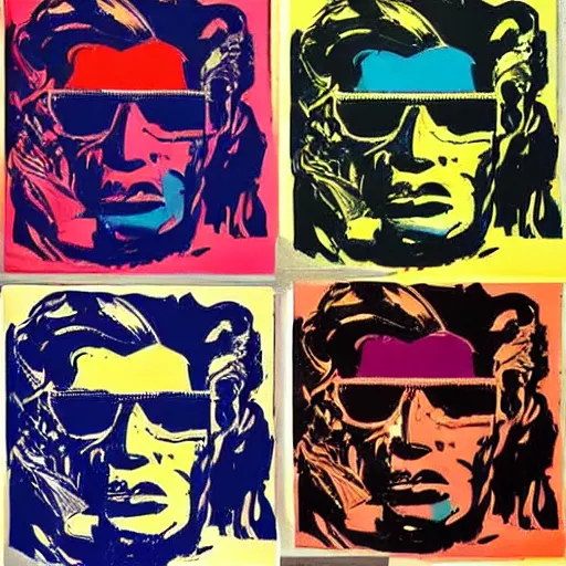 Image similar to silkscreen and lithography to create colorful cyborgs in the style of andy warhol