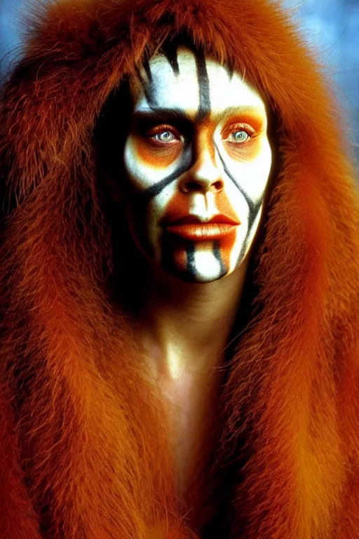 Image similar to a professional portrait photo of a neanderthal woman forest, face paint, ginger hair and fur, extremely high fidelity, natural lighting, still from the movie quest for fire