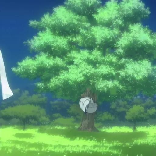 Image similar to big white whale flying near giant tree in the green field, anime, HD,