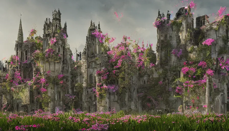 Prompt: Destroyed Neo-Gothic castle covered by flowers in a middle of a plain, hyperdetailed, artstation, cgsociety, 8k