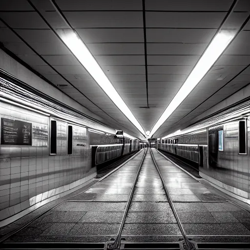 Image similar to a photo of a subway station without pillars nor benches, on either side, there are two trains speeding parallel to each other, 70mm lens, slow shutter speed, f/4, 41mm focal length, ISO 200, 4k, dramatic contrasting light, cinematic lighting, vanishing point, centered composition