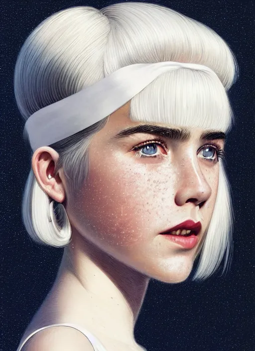 Image similar to portrait of kiernan shipka with freckles, white hair, 1 9 6 0 s bob hairstyle, hairstyle with bangs, 1 9 6 0 s bob hair with bangs and hairband, intricate, elegant, glowing lights, highly detailed, digital painting, artstation, concept art, smooth, sharp focus, illustration, art by wlop, mars ravelo and greg rutkowski