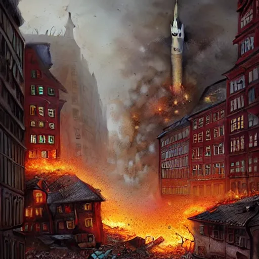 Image similar to city of munich destroyed by a meteor!!!, rubble!!, fires!!, a close view of a rabi in panic!!!, hyperrealistic, highly detailed, cinematic, foggy light from fires, beautiful, cgssociety, artstation, 8 k, oil painting by greg rutkowski, by artgerm, by wlop