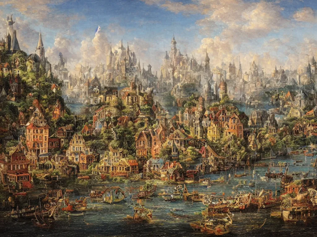 Image similar to an old enchanted fantasy town, viewed from the harbor, by jean - baptist monge,