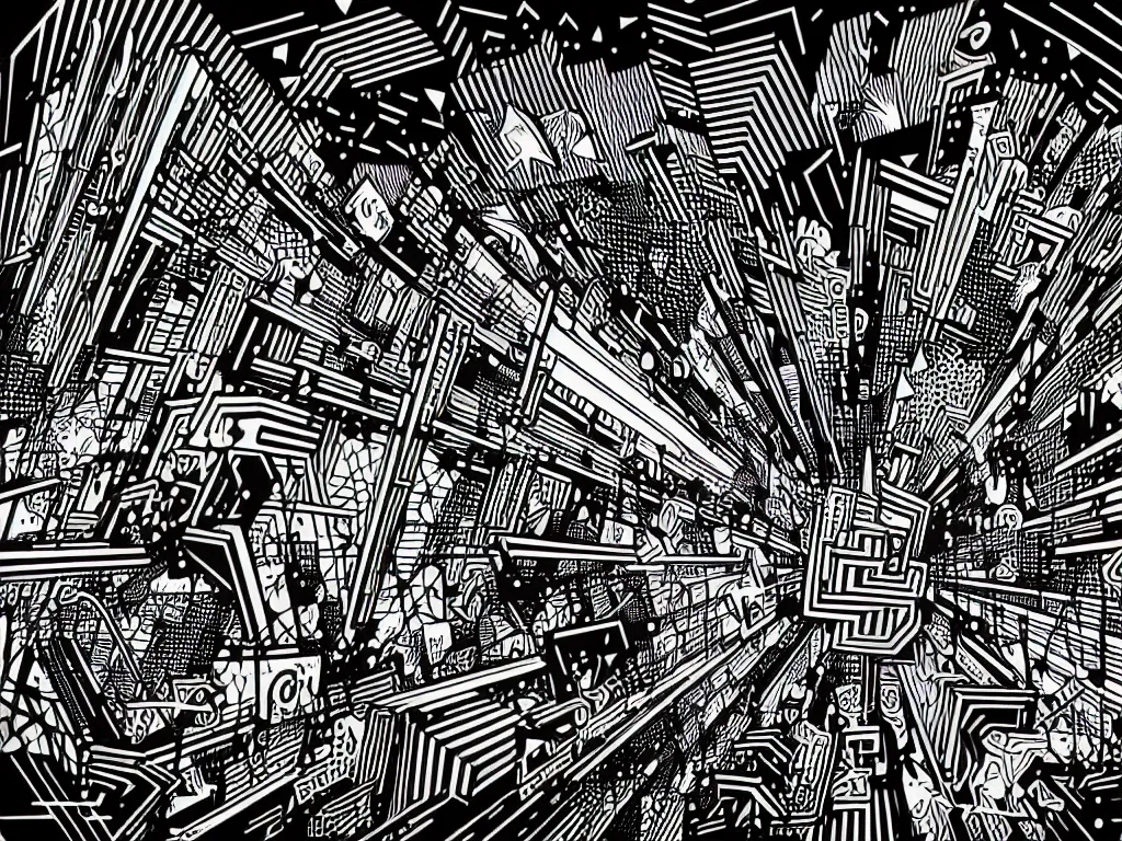 Prompt: a collision of exploding black hearts and white hearts in surreal abstract form of a cityscape, vivid vibrant geometric art deco. trending on pixiv and artstation. an absurdly detailed neon inks painting