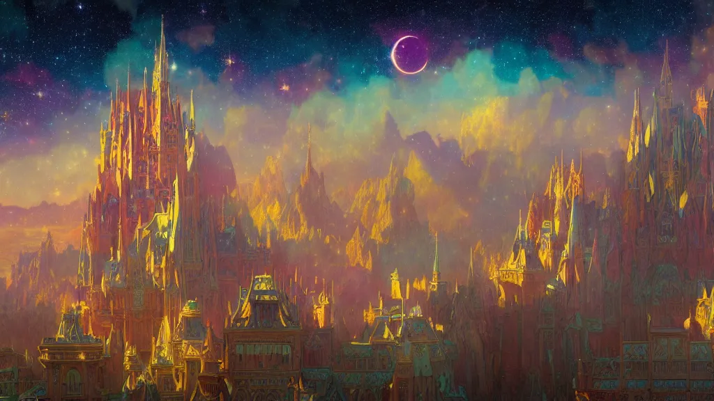 Prompt: a beautiful highly detailed matte painting of colorful castle nebulas by moebius, alphonse mucha, stars in the background, medium shot, highly detailed, intricate design, 8 k resolution, octane render, trending on artstation and cgsociety