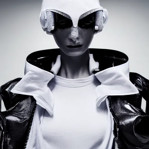 Image similar to fashion photography of an extraterrestrial model, wearing futuristic hip - hop streetwear fashion, inside berghain, berlin fashion, futuristic fashion, dark minimal outfit, photo 3 5 mm leica, hyperdetail, berghain, 8 k, very detailed, photo by nick knight