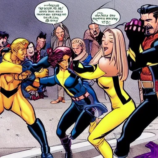 Prompt: X-men fighting the cast of Friends, highly detailed