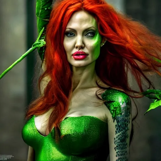 Prompt: stunning awe inspiring Angelina Jolie as Poison Ivy 8k hdr Batman movie still amazing lighting