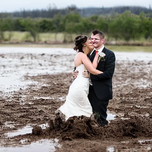 Prompt: a bride and groom embrace each other in the mud, wedding photo