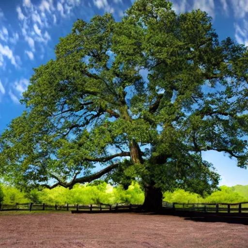 Prompt: a film still of a single large oak tree