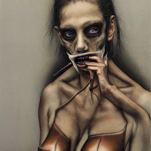 Prompt: a hyperrealistic painting of a model on a catwalk wearing tight leather with her mouth sewn shut by Santiago Caruso,