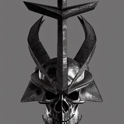 Image similar to a black great sword skull crest, sharp tip, ornament, weapon, a 3 d render by dom qwek, studio lighting, front side view full sheet, trending on polycount, artstation, hard surface modeling, rendered in maya, 3 ds max, blender, artstation hd, vray