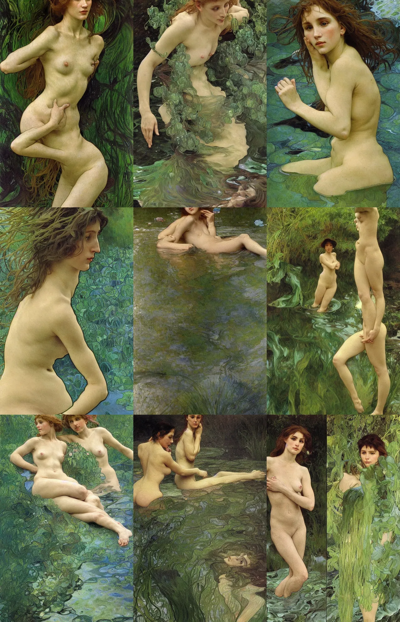 Prompt: hyperrealist portrait in a river, full body green water algae by alphonse mucha and lucian freud and bouguereau, very detailed faces