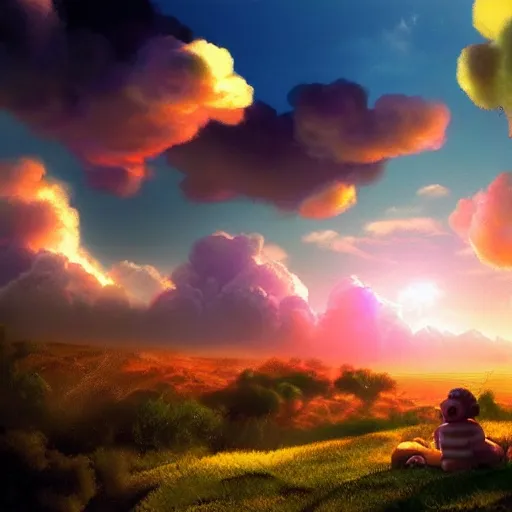 Image similar to puffy clouds, drew struzan movie poster style, vfx art, unreal engine render, claymation style, colourful, volumetric light, digital painting, digital illustration, dramatic light,