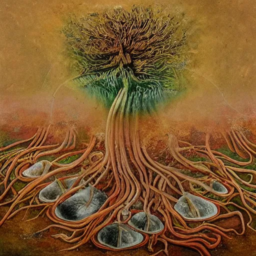 Image similar to traniphobia depicted, an epic dobri dobrev painting, fungus that consumes fermentable sugars in the wort