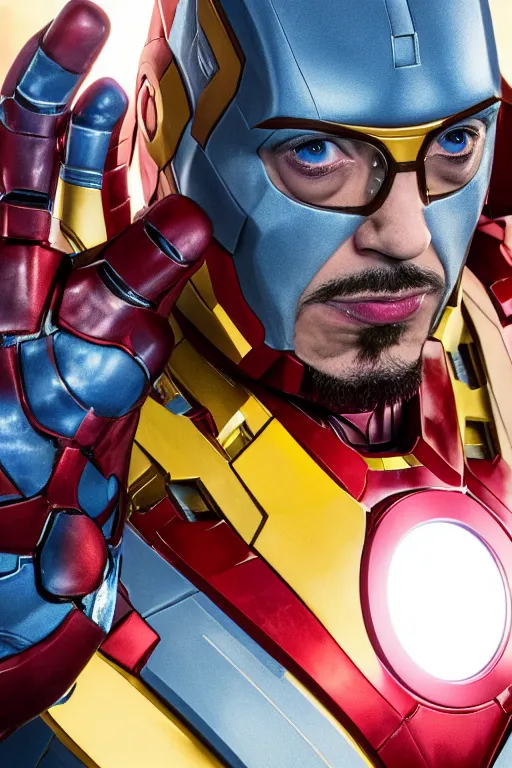 Image similar to Sam Hyde as Iron Man in Infinity War, close-up, sigma male, rule of thirds, award winning photo, unreal engine, studio lighting, highly detailed features, interstellar space setting