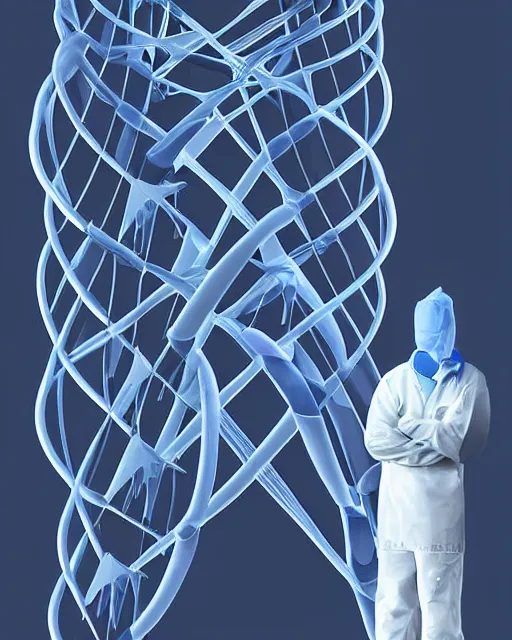 Image similar to in a field, two scientists in lab coats encounter a monster shaped like the DNA double helix, digital art