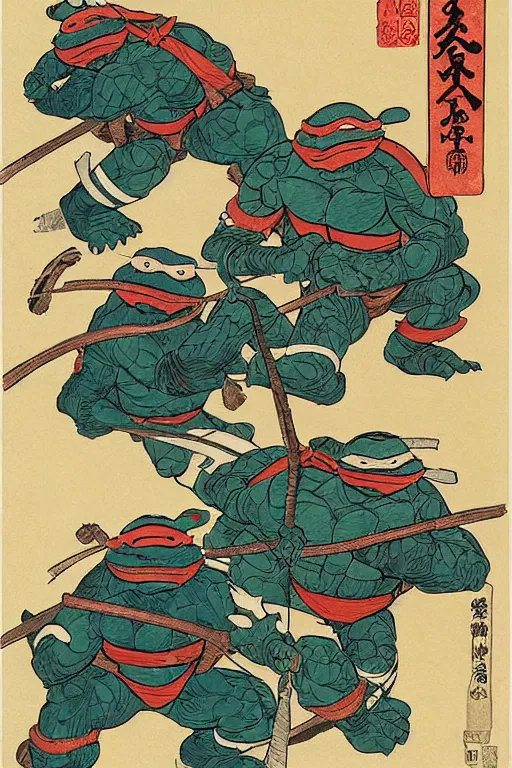 Image similar to Four Teenage Mutant Ninja Turtles, Japanese ukiyo-e ukiyo-ye woodblock print, by Moronobu