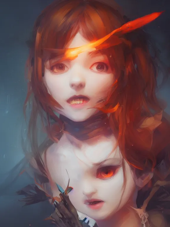 Prompt: Portrait of a cute mischievous young witch about to get up to some trouble. Black and Orange palette. By Ruan Jia and Artgerm and Range Murata and WLOP and CLAMP. Key Art. Fantasy Illustration. award winning, Artstation, intricate details, realistic, Hyperdetailed, 8k resolution.