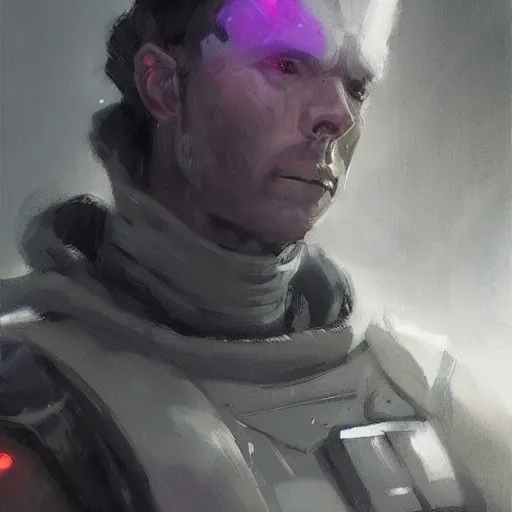 Image similar to concept art of a portrait by greg rutkowski, a soldier of the galactic dominion wearing gray and purple tactical gear, star wars expanded universe, smooth, sharp focus, artstation hq.