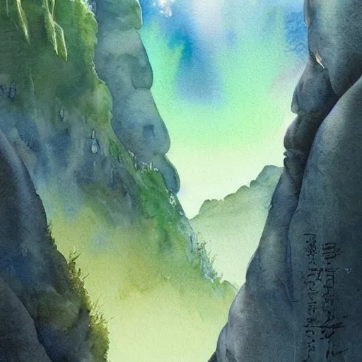 Image similar to beautiful lush natural scene on another planets majestic cliffs, with interesting creatures. different than earth but beautiful. lightfall. beautiful detailed artistic watercolor. trending on artstation and deviantart.