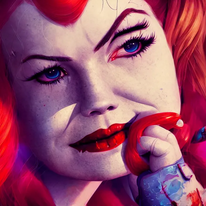 Image similar to portrait of Isla Fisher as harley quinn. intricate abstract. intricate artwork. by Tooth Wu, wlop, beeple, dan mumford. octane render, trending on artstation, greg rutkowski very coherent symmetrical artwork. cinematic, hyper realism, high detail, octane render, 8k, iridescent accents