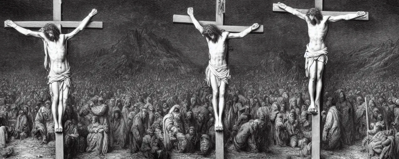 Image similar to the crucifixion of jesus christ, photorealistic, highly detailed, texture, soft light, dramatic, moody, ambient, painting by gustave dore