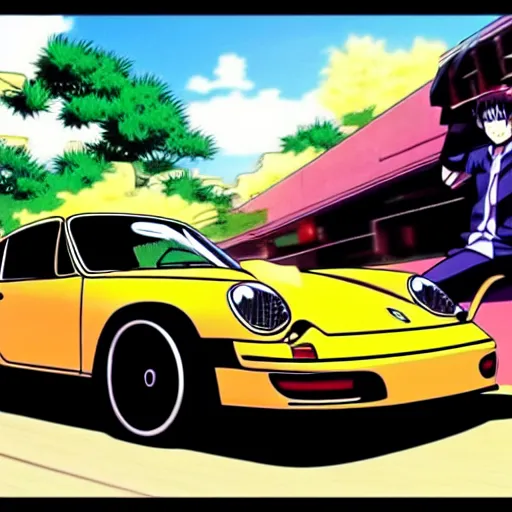 Image similar to ikari shinji riding porsche car, full hd, 4 k anime wallaper
