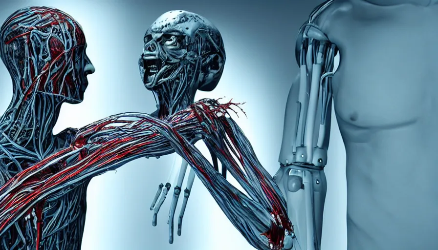 Image similar to big budget horror movie a cyborg fusing its vascular system with a human