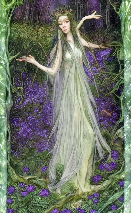 Prompt: fey queen of the summer forest, dress of leaves, fine features, thin, young, clothed, silver shimmering hair, by brian froud, stars, night colors, night, darkness, purple blue black, oil on canvas, oil panting