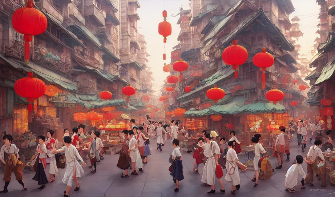 Image similar to busy chinese city, summer, in the style of studio ghibli, j. c. leyendecker, greg rutkowski, artem