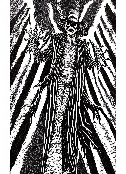 Image similar to michael keaton as beetlejuice, as a d & d monster, full body, pen - and - ink illustration, etching, by russ nicholson, david a trampier, larry elmore, 1 9 8 1, hq scan, intricate details, inside stylized border