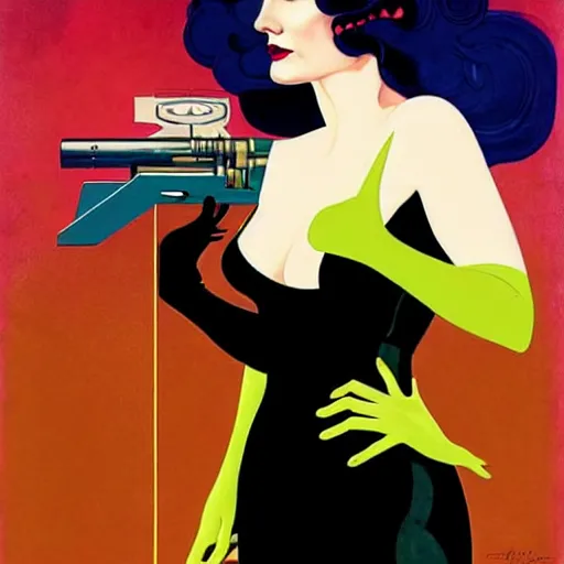 Image similar to Eva Green is Super Spy Captain, the Electric Woman, Art by Coles Phillips and Joshua Middleton, Chalk white skin, deep purple hair, Green eyes, Orange background, Mucha, Portrait of the actress, Eva Green as Metamorpho, carbon black and antique gold