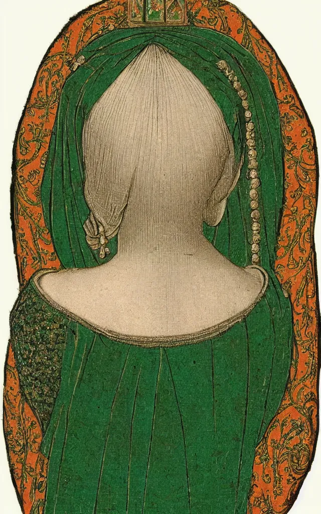 Prompt: back of a noble woman in emerald dress, 1 7 th century, symmetric, vector