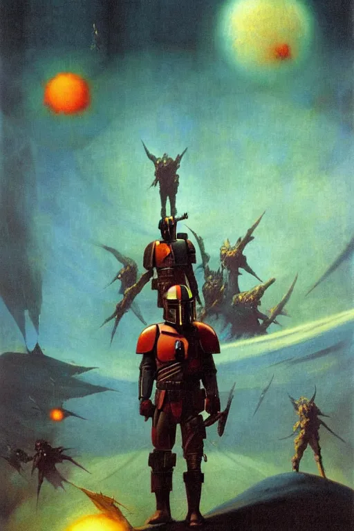 Prompt: backlit dramatic cinematic mandalorian by beksinski frazetta on background with destroyed planets and atomic bomb explosion, backlight
