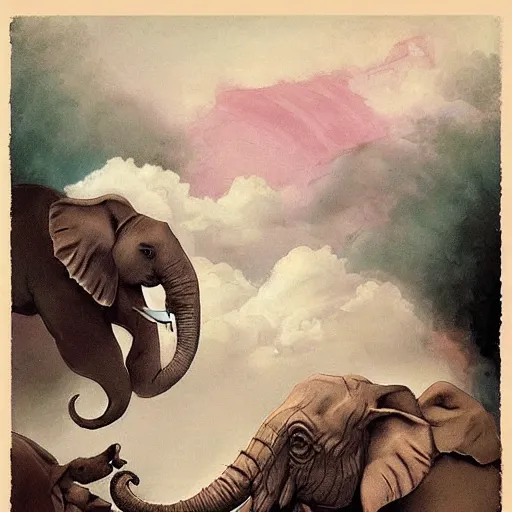 Prompt: “falling asleep with cute elephants made from clouds, illustration, detailed, smooth, pink white and green, by Adolf lachman, studio ghibli, Goya,”